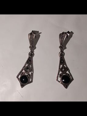 Sterling Art Deco Filigree Onyx Earrings